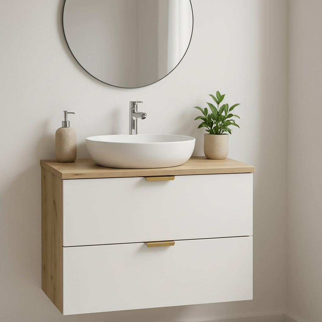 Dulap pentru lavoar 80 cm cu 2 sertare, fronturi netede Orio - Alb/Stejar Artizanal