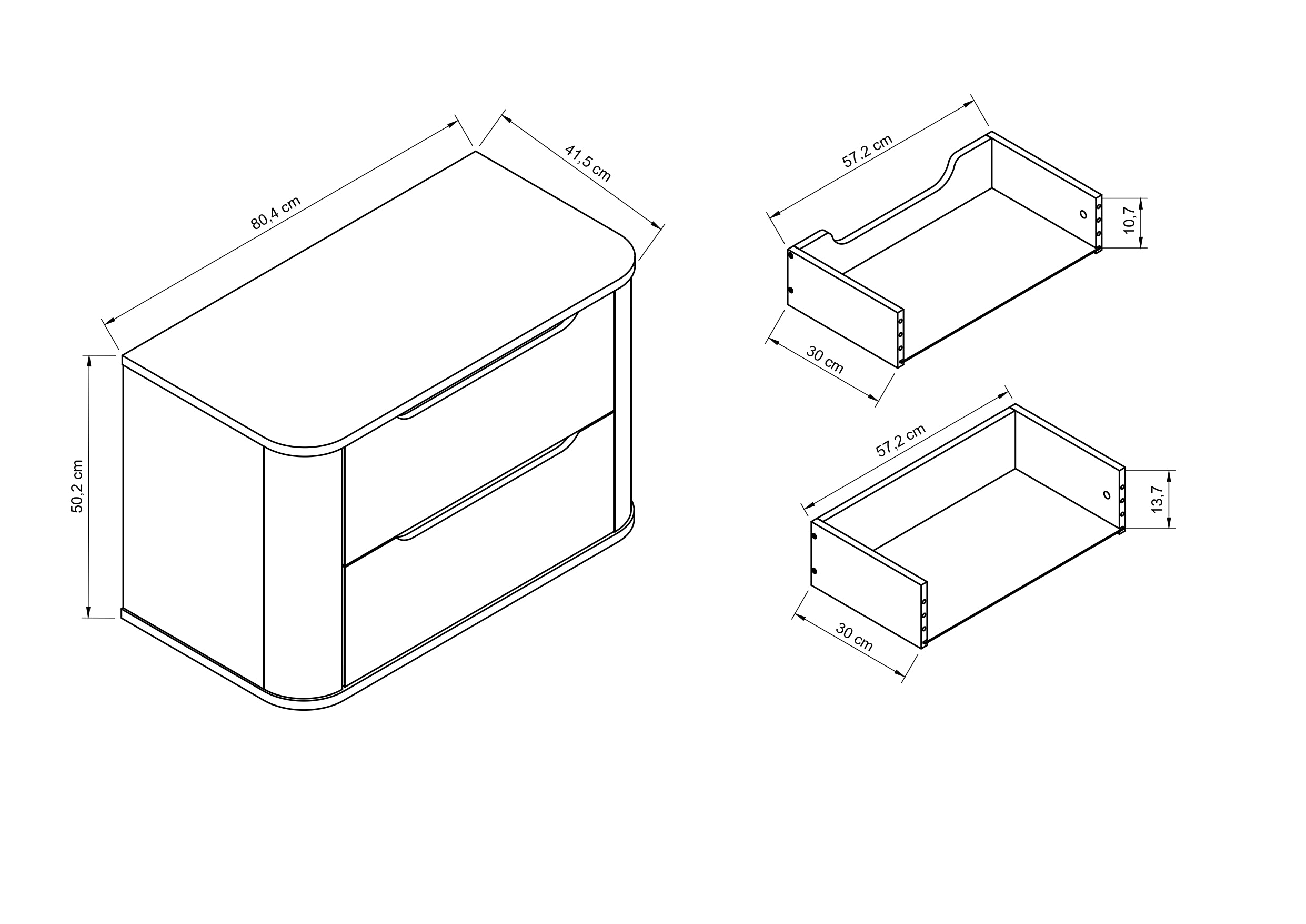 Dulap pentru lavoar 80 cm, 2 sertare, margini rotunjite Luma - Alb
