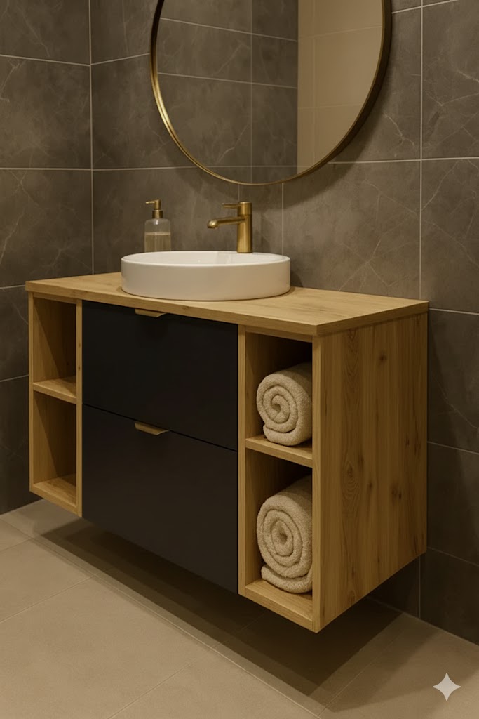 Dulap pentru lavoar 100 cm cu 2 rafturi, fronturi netede Orio - Negru/Stejar artizanal