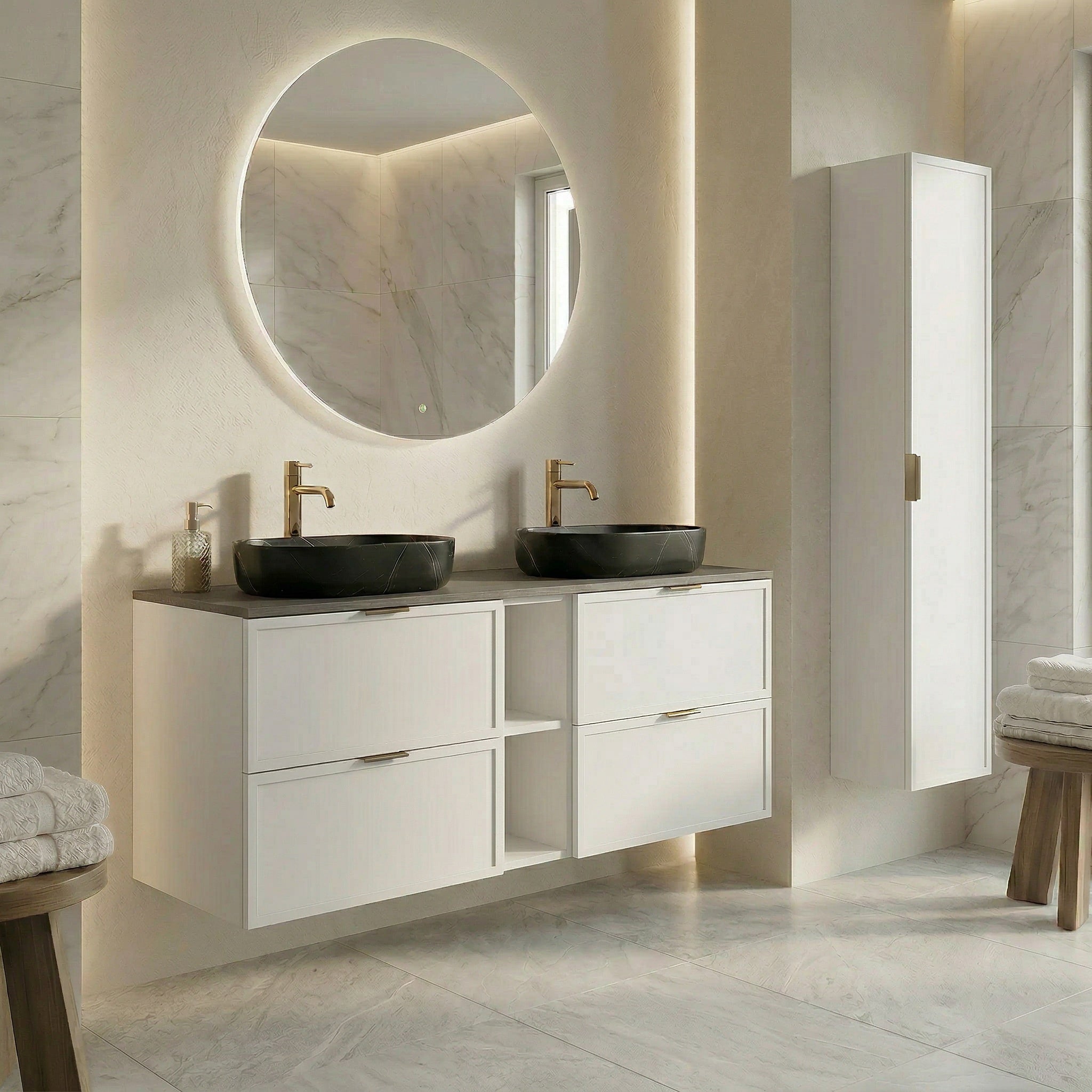 Dulap pentru lavoar 140 cm, cu raft, fronturi cu rama decorativa, 4 sertare Roma - Alb/Nuc inchis top
