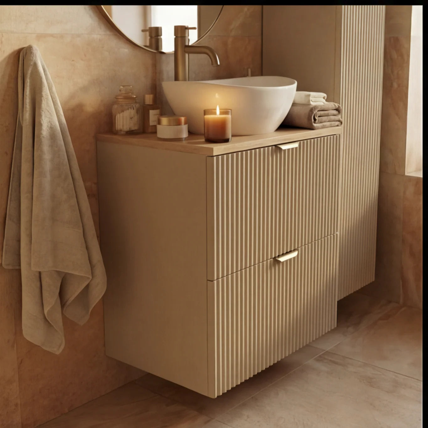 Dulap pentru lavoar 60 cm 2 sertare fronturi canelate Willy - Casmir, Nuc top