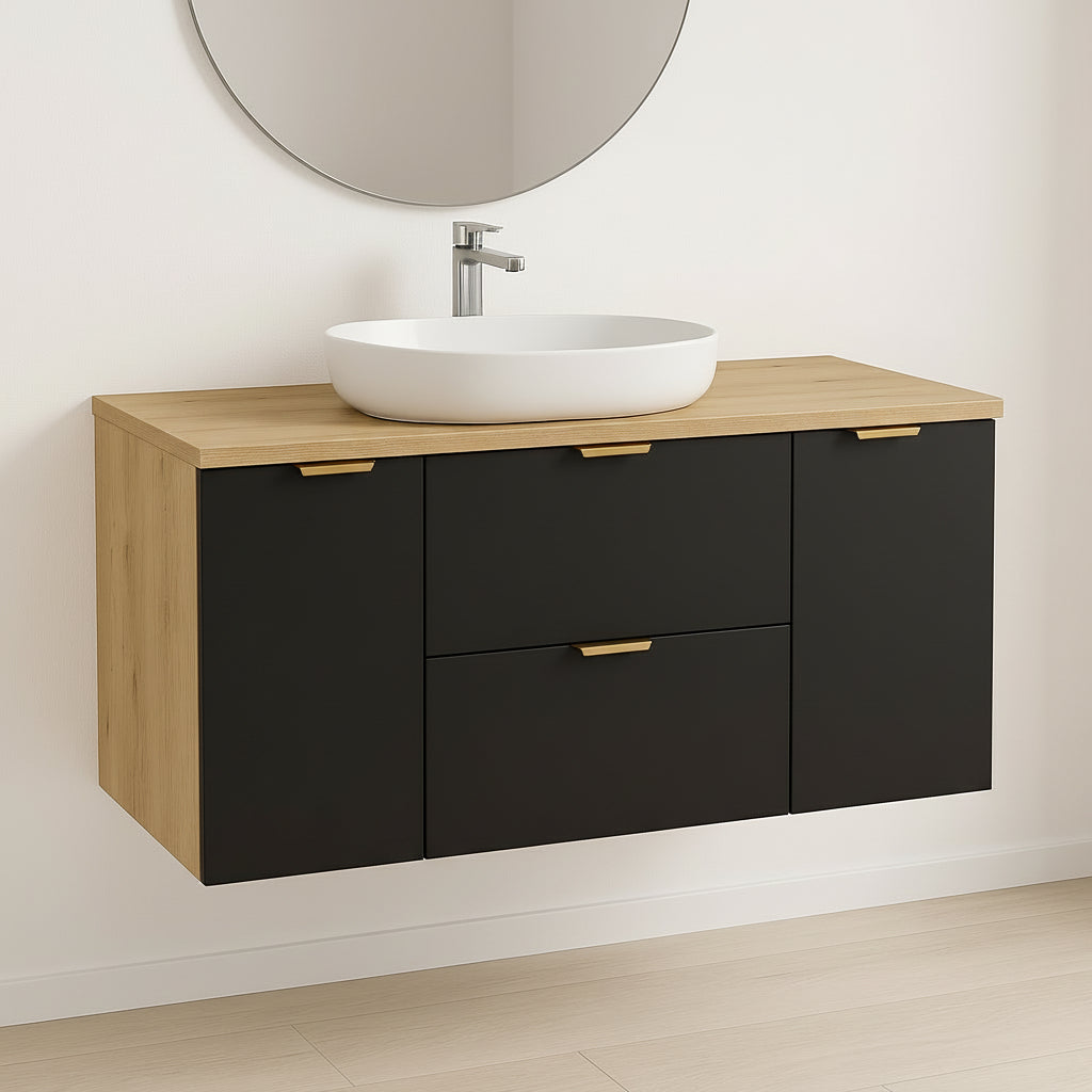 Dulap pentru lavoar 120 cm cu 2 sertare, 2 usi, fronturi netede Orio - Negru/Stejar artizanal