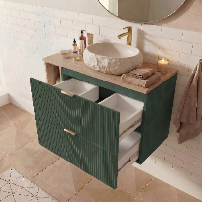 Set de mobilier: Dulap pentru lavoar cu raft 100 cm cu oglindă cu LED-uri Willy - Verde/Nuc top