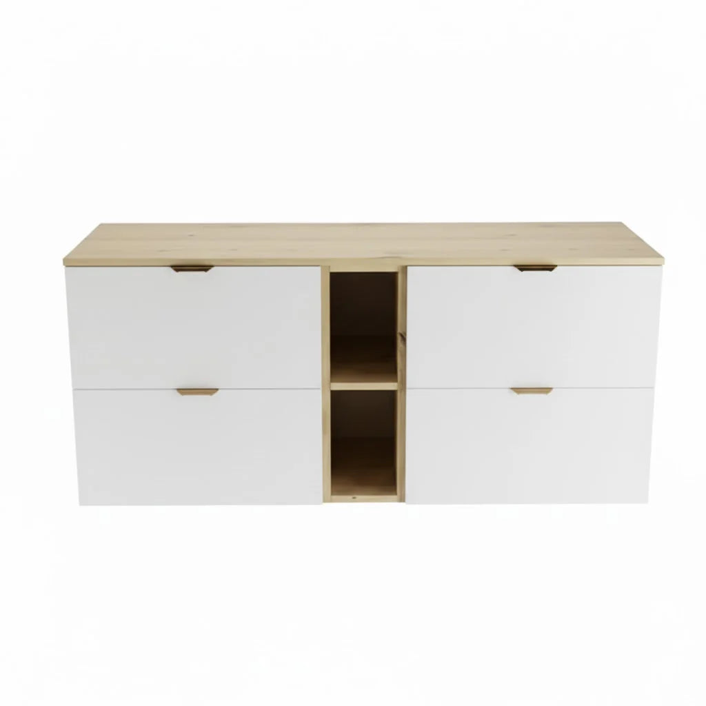 Dulap pentru lavoar 140 cm, cu raft, fronturi netede Orio - Alb/Stejar artizanal