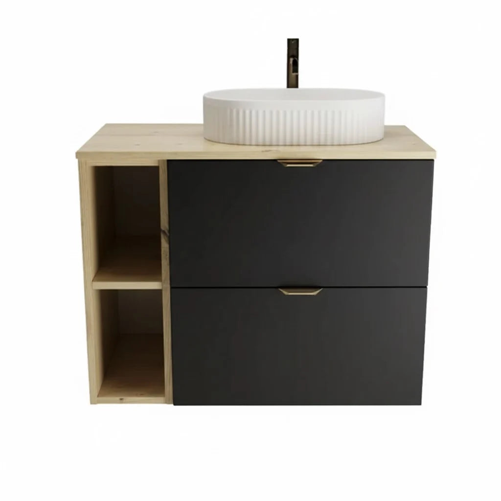Set de mobilier: Dulap pentru lavoar cu raft 80 cm, 2 sertare Orio - Negru/Stejar Artizanal