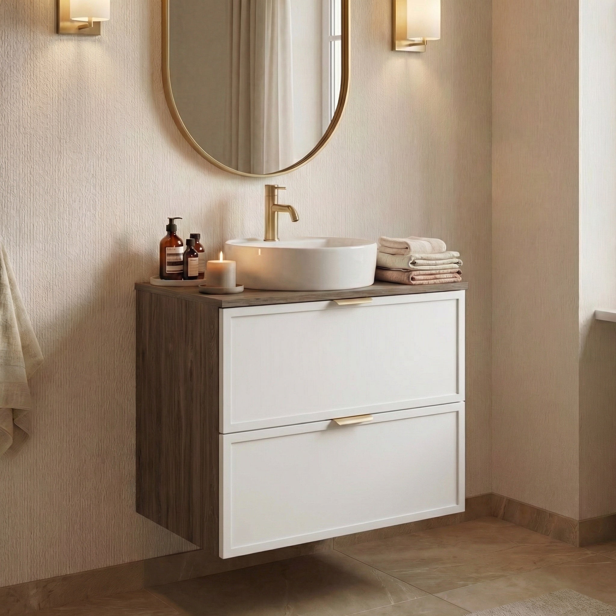 Dulap pentru lavoar 60 cm, 2 sertare, fronturi cu rama decorativa Roma - Alb/Nuc inchis