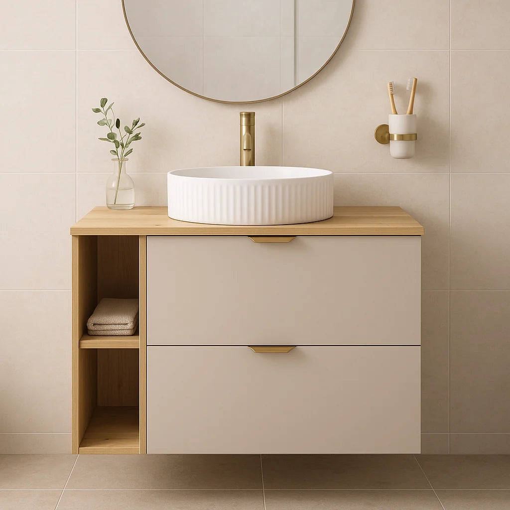 Dulap pentru lavoar 80 cm cu raft, fronturi netede Orio - Casmir/Stejar artizanal