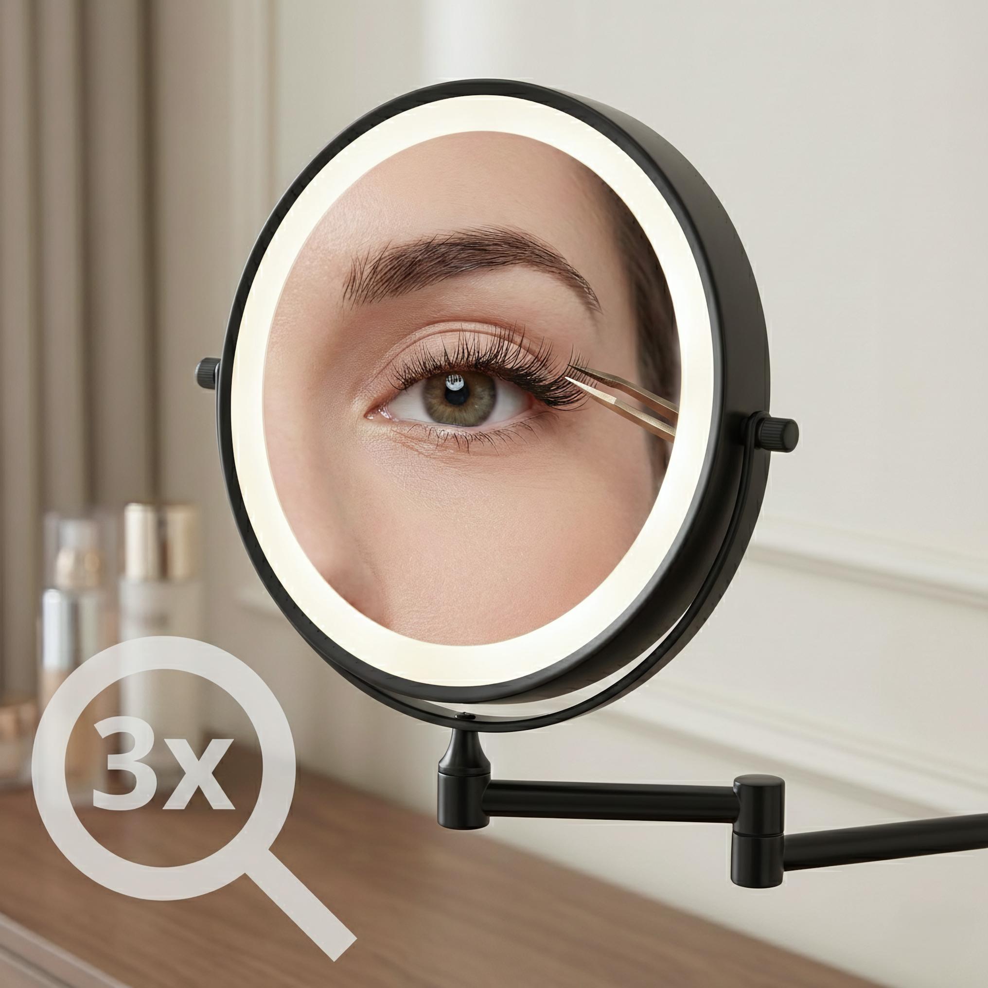 Oglindă cosmetică cu LED-uri pe ambele fețe, pentru montare pe perete - Negru