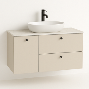 Dulap lavoar 100 cm Casmir cu blat Marmura Albă, 2 sertare SOFT-CLOSE și coș de rufe integrat.