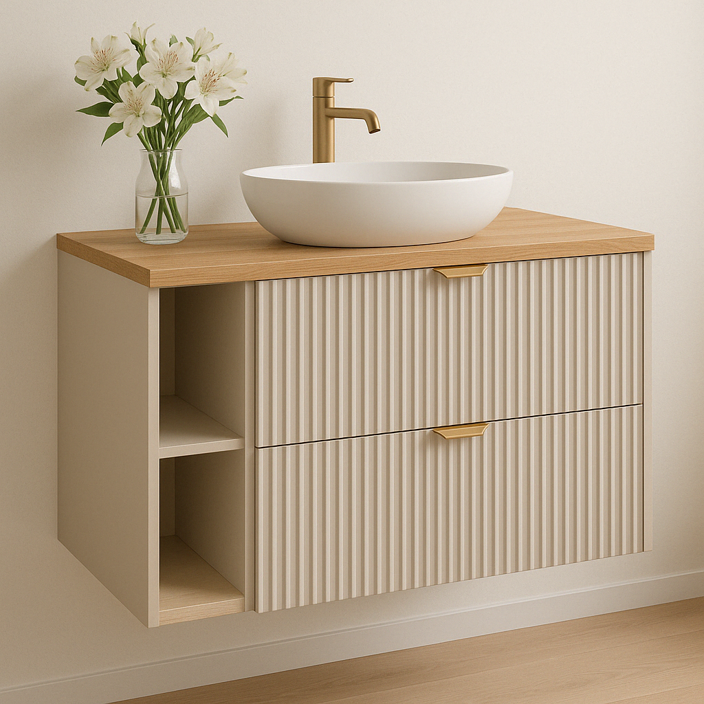 Dulap pentru lavoar Willy 100 cm Cașmir cu blat din nuc și fronturi striate – mobilier modern cu sertare spațioase pentru baie.