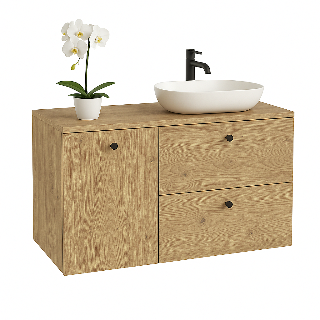 Dulap lavoar 100 cm Stejar Cremona cu 2 sertare SOFT-CLOSE și coș de rufe integrat.