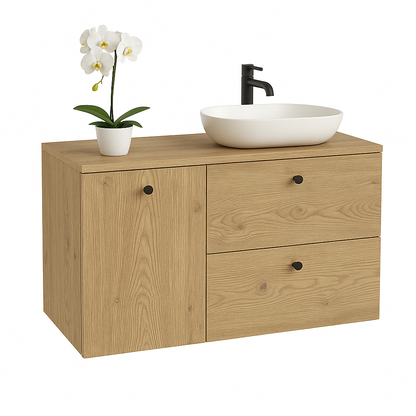 Dulap lavoar 100 cm Stejar Cremona cu 2 sertare SOFT-CLOSE și coș de rufe integrat.