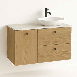 Dulap lavoar 100 cm Stejar Cremona cu blat Marmura Albă, 2 sertare SOFT-CLOSE și coș de rufe integrat.