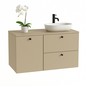 Dulap lavoar 100 cm Cappuccino cu 2 sertare SOFT-CLOSE, ușă cu coș de rufe și blat inclus.