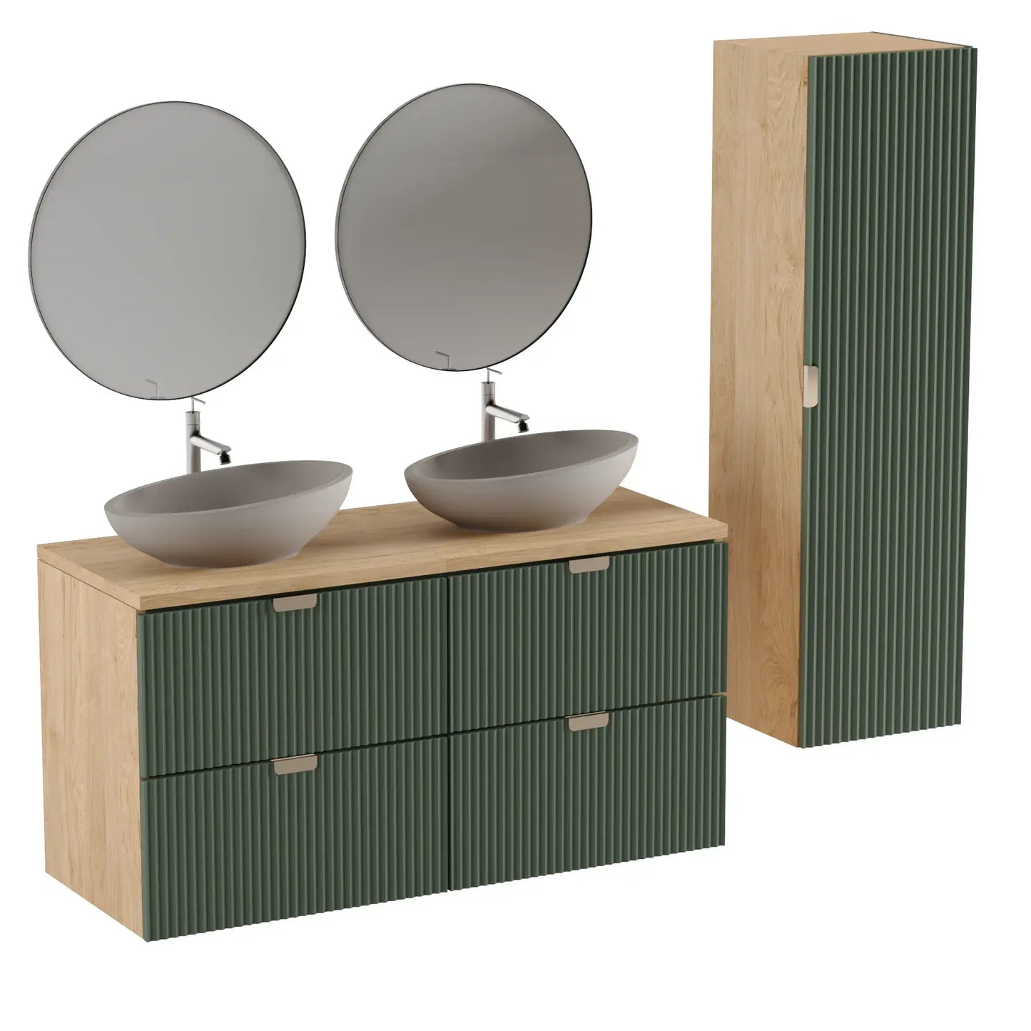 Dulap înalt pentru baie 120 cm, fronturi canelate Willy - Verde/Nuc