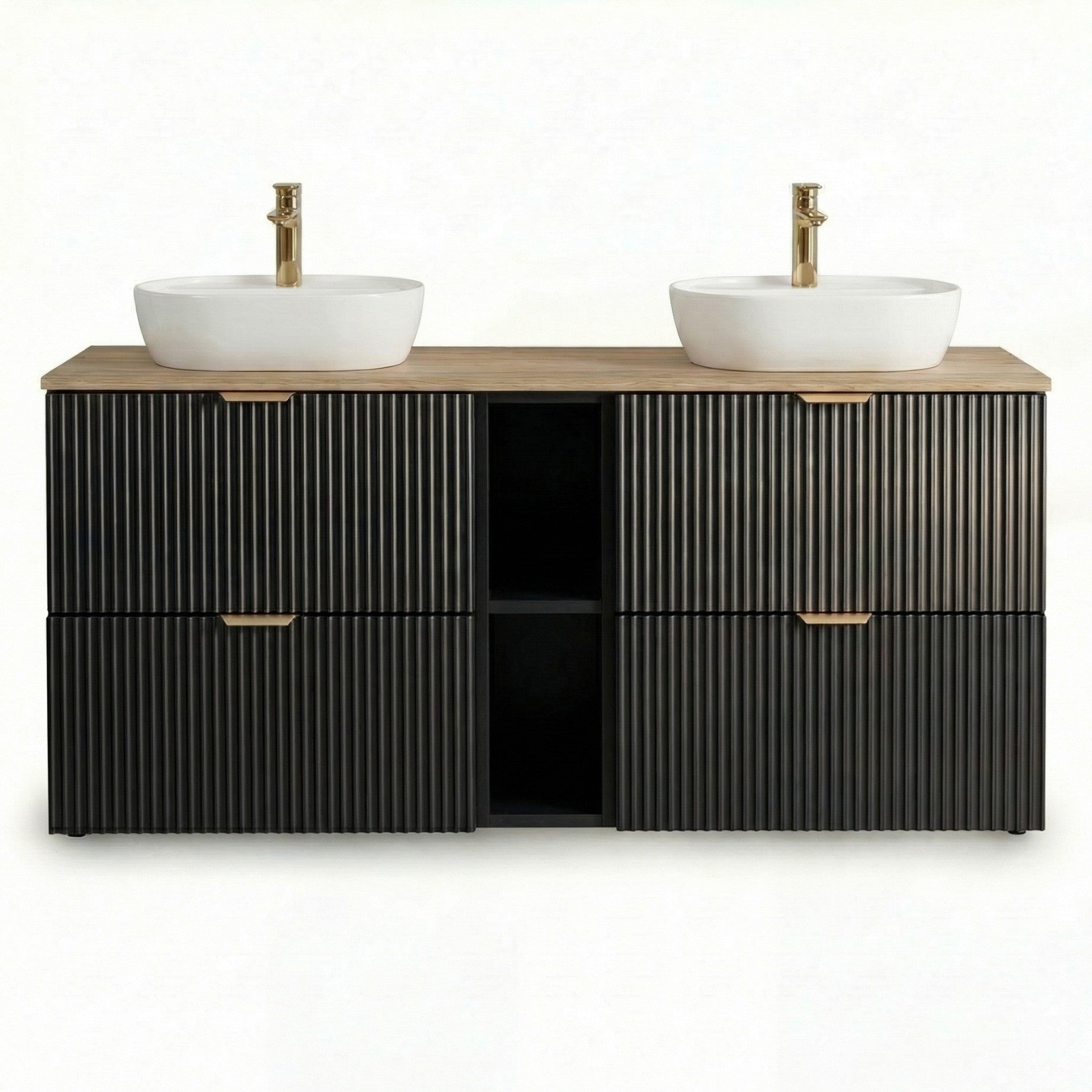 Set de mobilier: Dulap pentru lavoar cu raft 140 cm, 4 sertare Willy - Negru/Nuc top