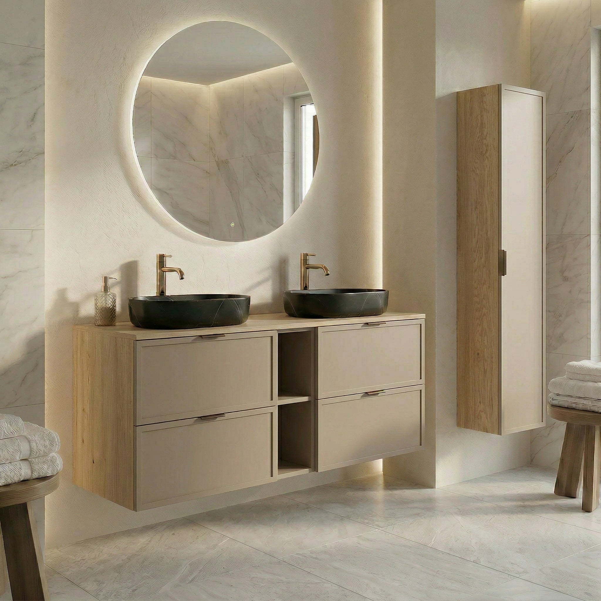 Dulap pentru lavoar 140 cm, cu raft, fronturi cu rama decorativa, 4 sertare Roma - Casmir/Stejar Cremona