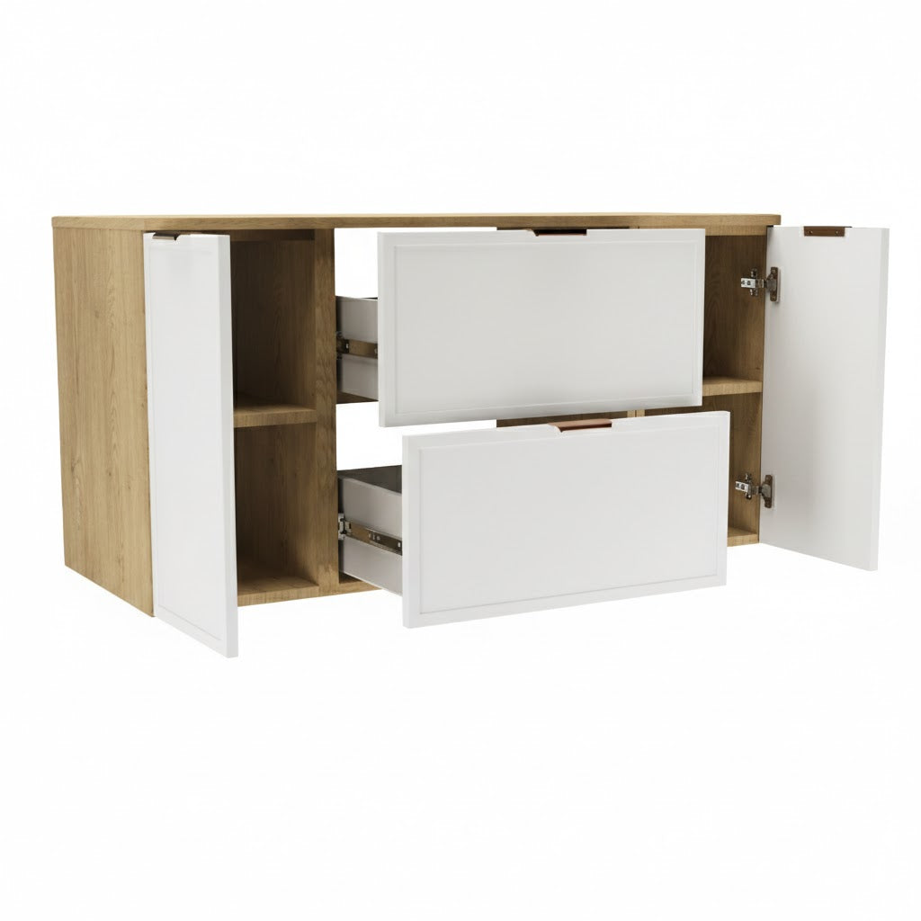 Dulap pentru lavoar 120 cm fronturi cu rama decorativa, 2 usi si 2 sertare Roma - Alb/Stejar Cremona