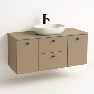 Dulap lavoar 140 cm Cappuccino cu 2 coșuri de rufe și sertare SOFT-CLOSE, design modern și finisaj cald.