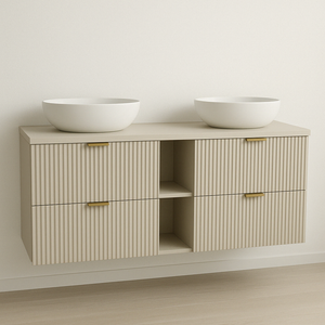 Dulap pentru lavoar Willy 140 cm Casmir cu sertare decupaj sifon și blat – design modern, spațiu amplu și eleganță pentru baia ta.