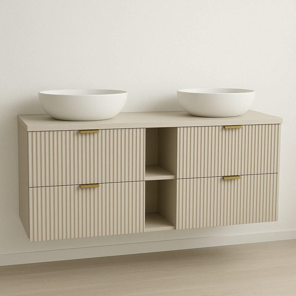 Dulap pentru lavoar Willy 140 cm Casmir cu sertare decupaj sifon și blat – design modern, spațiu amplu și eleganță pentru baia ta.