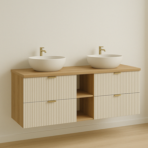 Dulap pentru lavoar Willy 140 cm Cășmir/Nuc cu fronturi canelate și sertare cu decupaj pentru sifon – mobilier elegant și spațios pentru baie.