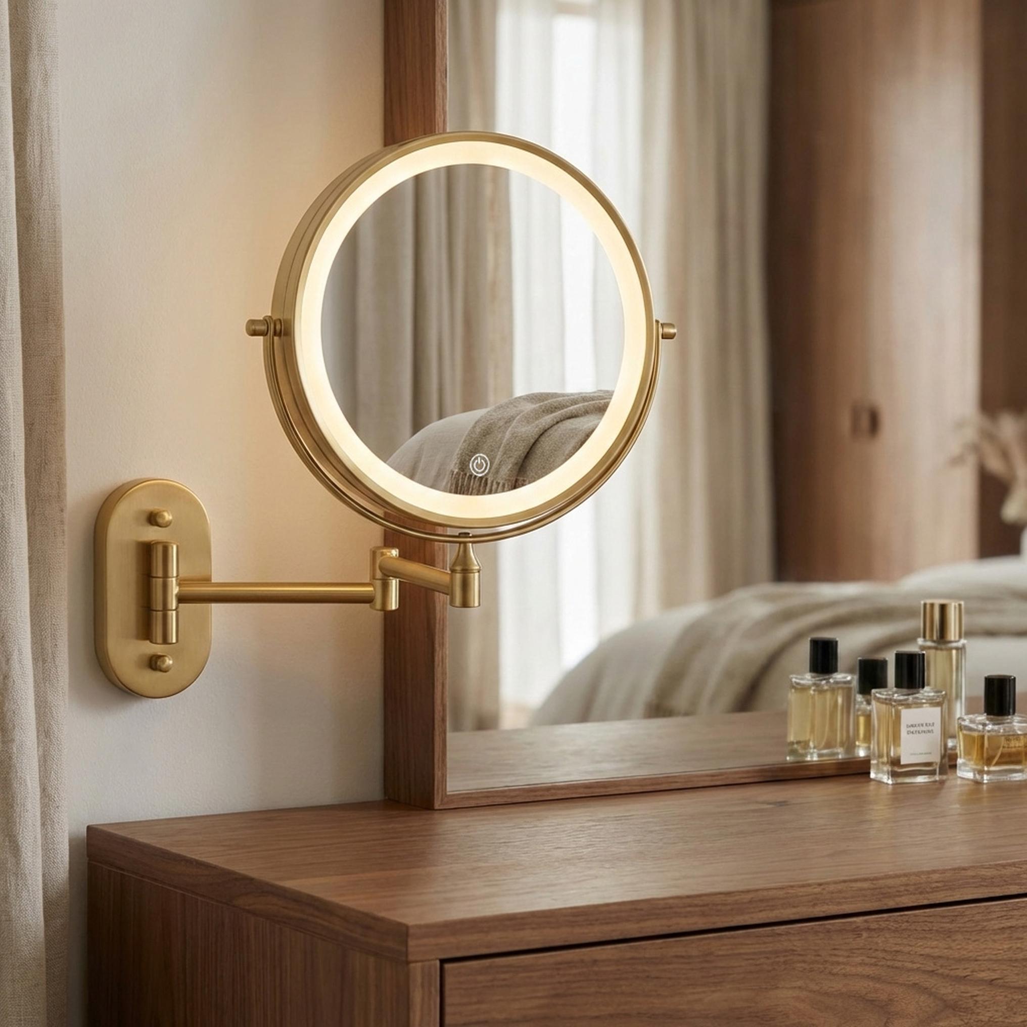 Oglindă cosmetică cu LED-uri pe ambele fețe, pentru montare pe perete - Auriu Vintage