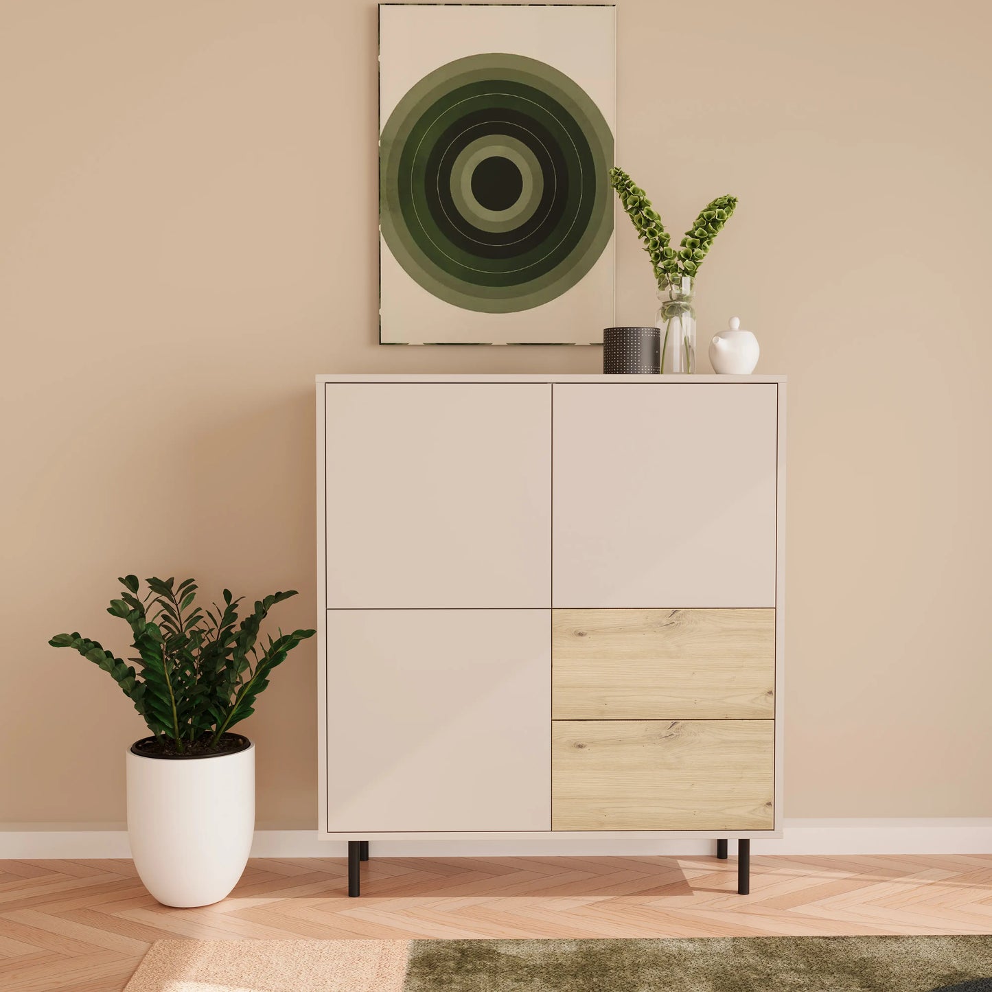 Comoda inalta 100 cm, cu 3 usi, cu 2 sertare Lola - Casmir/Stejar artizanal