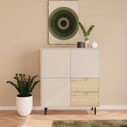 Comoda inalta 100 cm, cu 3 usi, cu 2 sertare Lola - Casmir/Stejar artizanal