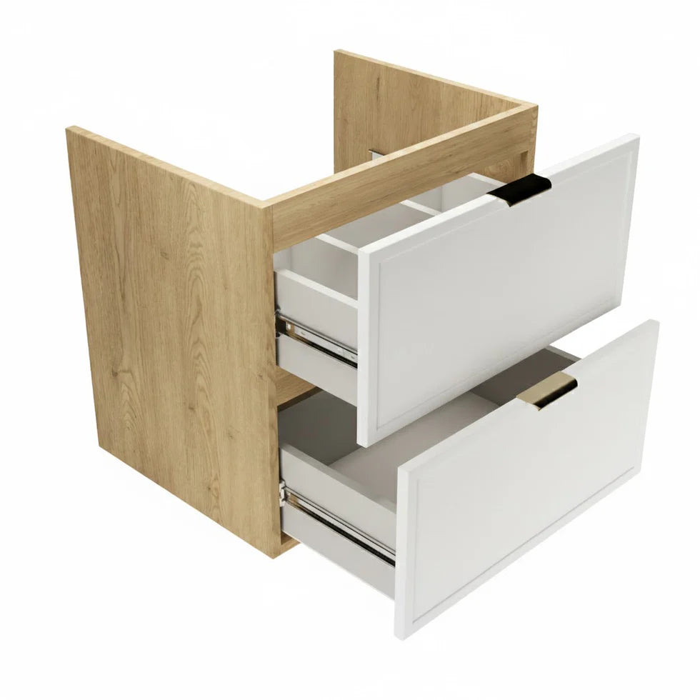 Dulap pentru lavoar 80 cm, 2 sertare, fronturi cu rama decorativa, fara blat Roma - Alb/Stejar Cremona