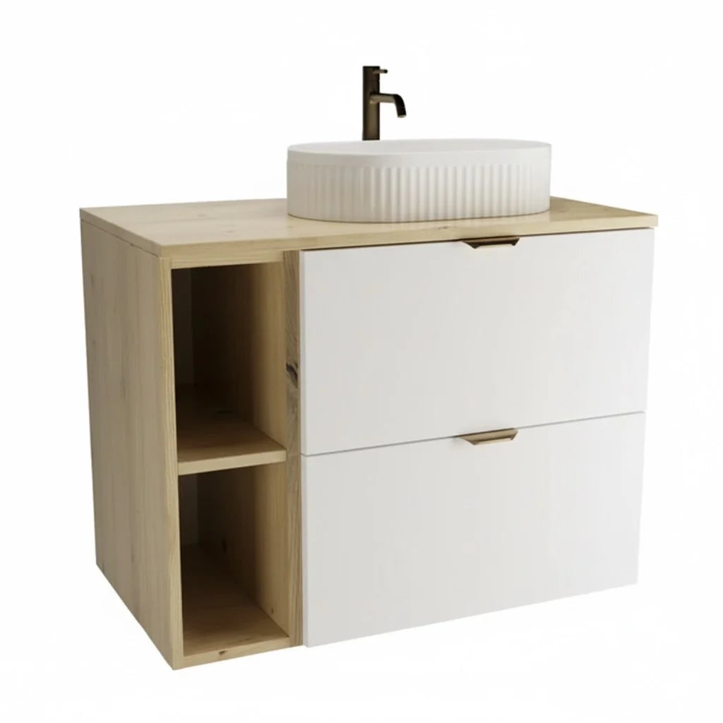 Set de mobilier: Dulap pentru lavoar cu raft 80 cm, 2 sertare Orio - Alb/Stejar Artizanal
