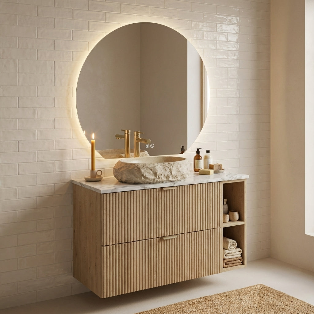 Set de mobilier: Dulap pentru lavoar cu raft 100 cm cu oglindă cu LED-uri Willy - Stejar Cremona/Marmura Alba top
