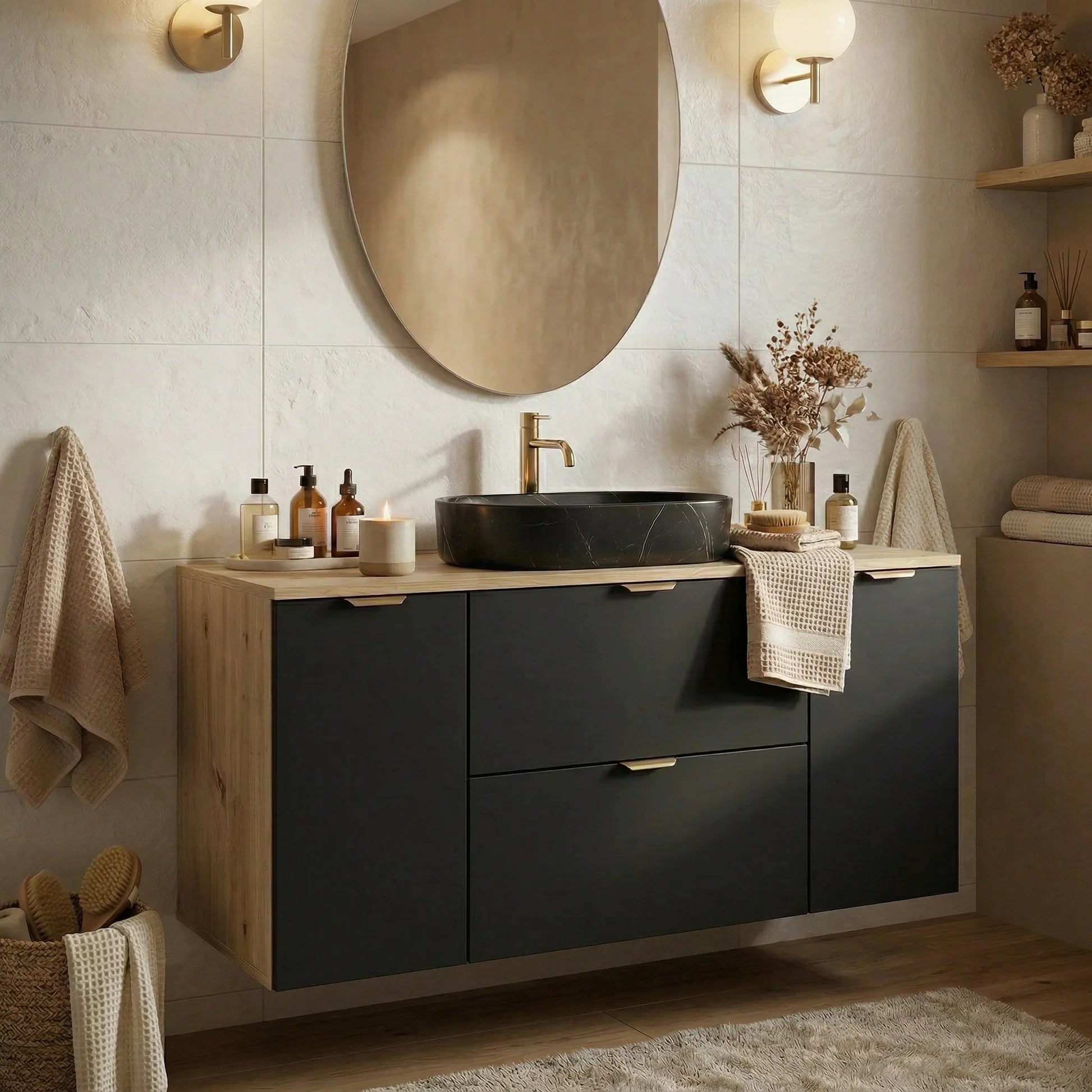 Dulap pentru lavoar 120 cm cu 2 sertare, 2 usi, fronturi netede Orio - Negru/Stejar artizanal