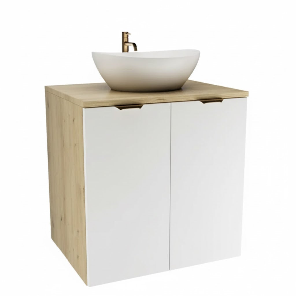 Set de mobilier: Dulap pentru lavoar 60 cm cu 2 uși cu chiuvetă Orio - Alb/Stejar Artizanal