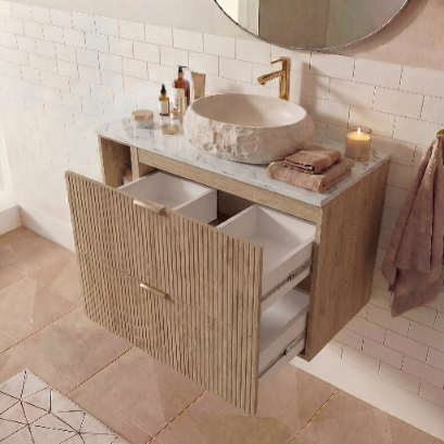 Set de mobilier: Dulap pentru lavoar cu raft 100 cm cu oglindă cu LED-uri Willy - Stejar Cremona/Marmura Alba top
