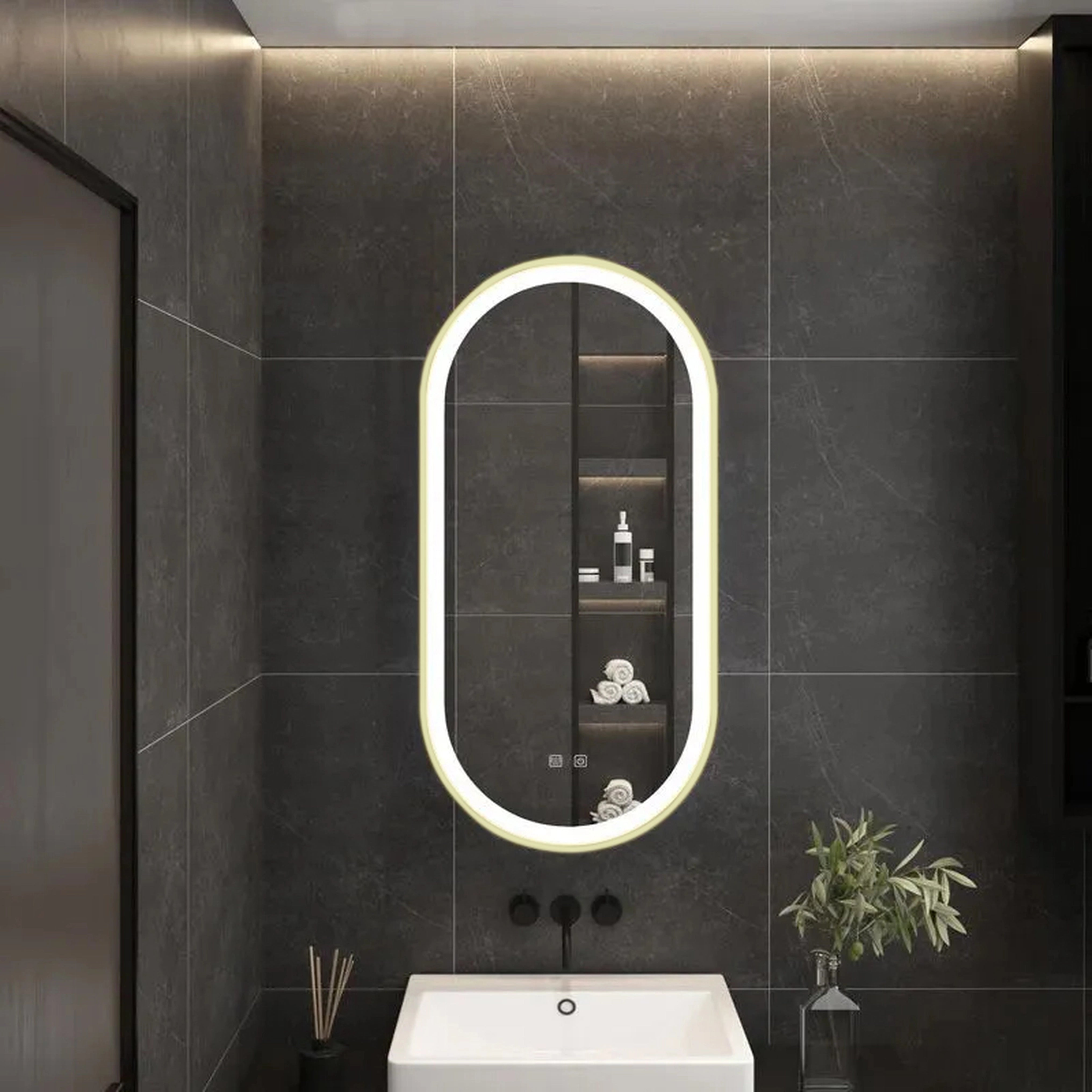 Oglinda de perete cu LED Ovl Auriu - 50x100 cm