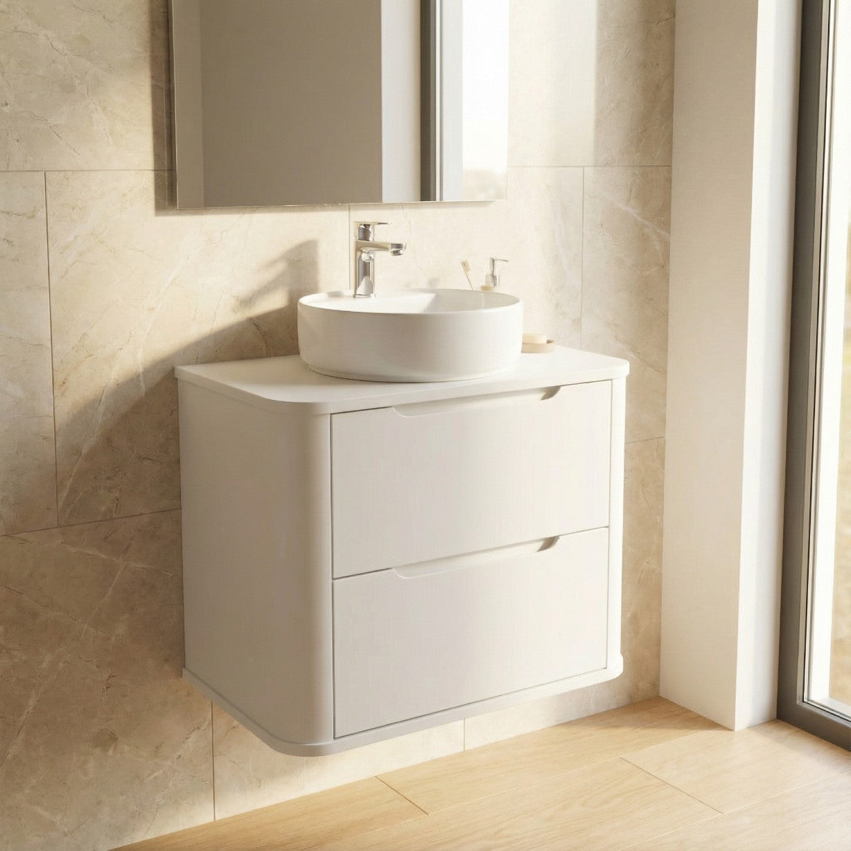 Dulap pentru lavoar 60 cm, 2 sertare, margini rotunjite Luma - Alb