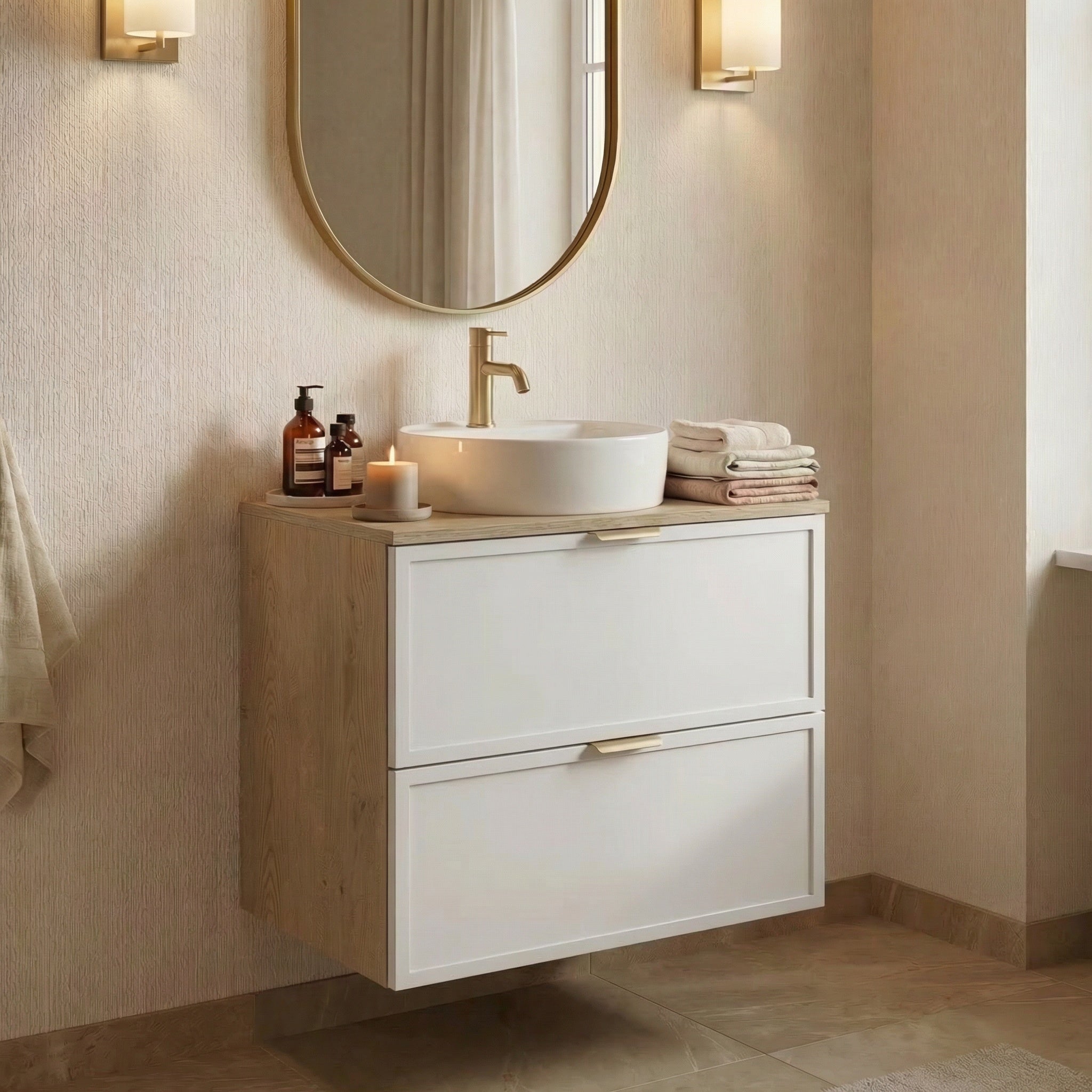 Dulap pentru lavoar 60 cm, 2 sertare, fronturi cu rama decorativa Roma - Alb/Stejar Cremona