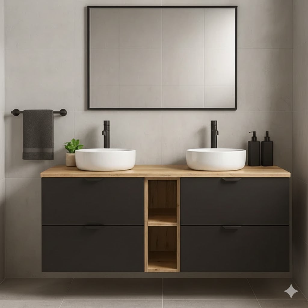Set de mobilier: Dulap pentru lavoar cu raft 140 cm, 4 sertare Orio - Negru/Stejar Artizanal