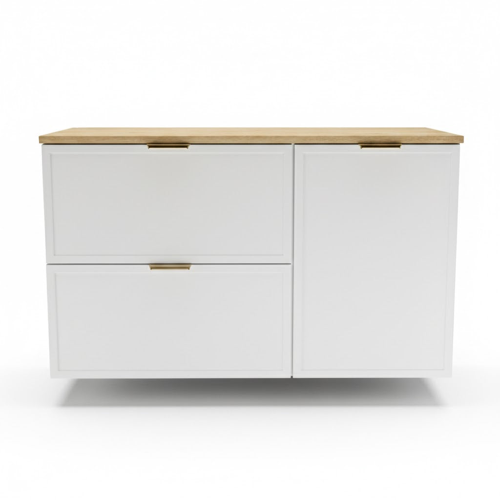 Dulap pentru lavoar 100 cm, cu cos de rufe, fronturi cu rama decorativa Roma - Alb/Stejar Cremona