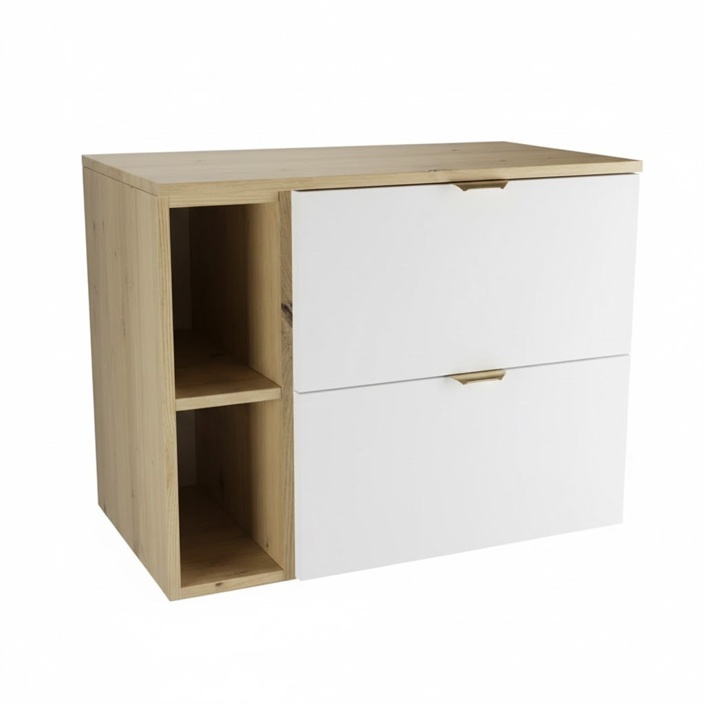 Dulap pentru lavoar 80 cm cu raft, fronturi netede Orio - Alb/Stejar artizanal