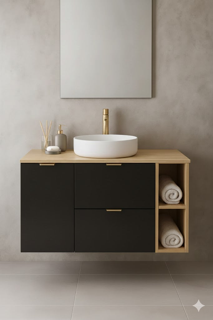 Dulap pentru lavoar 120 cm cu cos de rufe, cu raft, fronturi netede Orio - Negru/Stejar artizanal