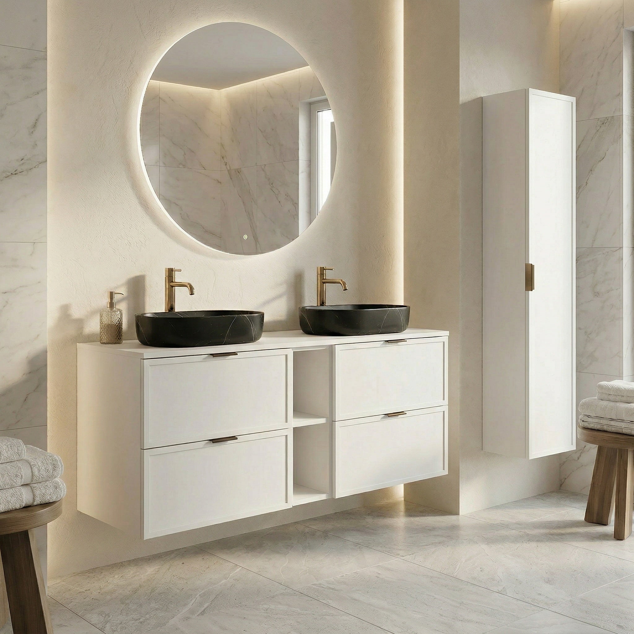 Dulap inalt pentru baie 120 cm, cu rafturi, fronturi cu rama decorativa Roma - Alb