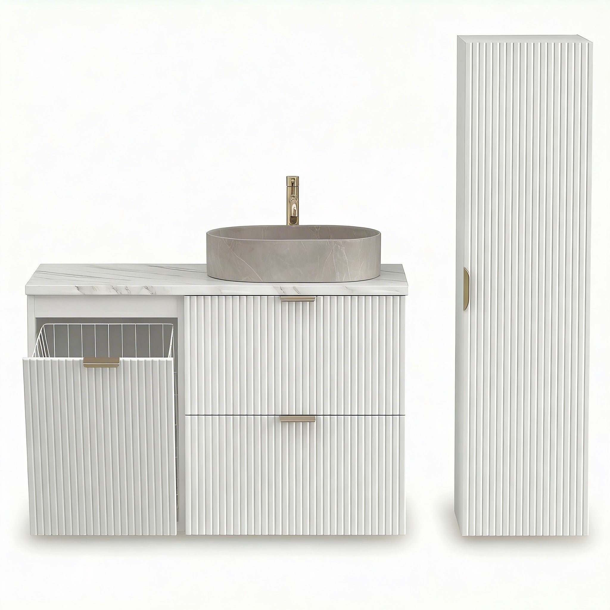 Set de mobilier: Dulap pentru lavoar cu cos de rufe 100 cm și Dulap înalt pentru baie 120 cm Willy - Alb/Marmura Alba top