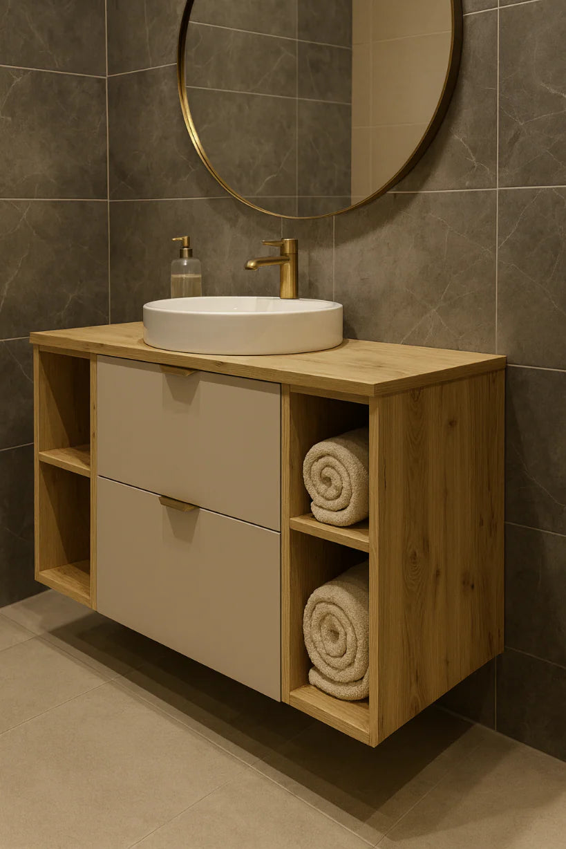 Dulap pentru lavoar 100 cm cu 2 rafturi, fronturi netede Orio - Casmir/Stejar artizanal