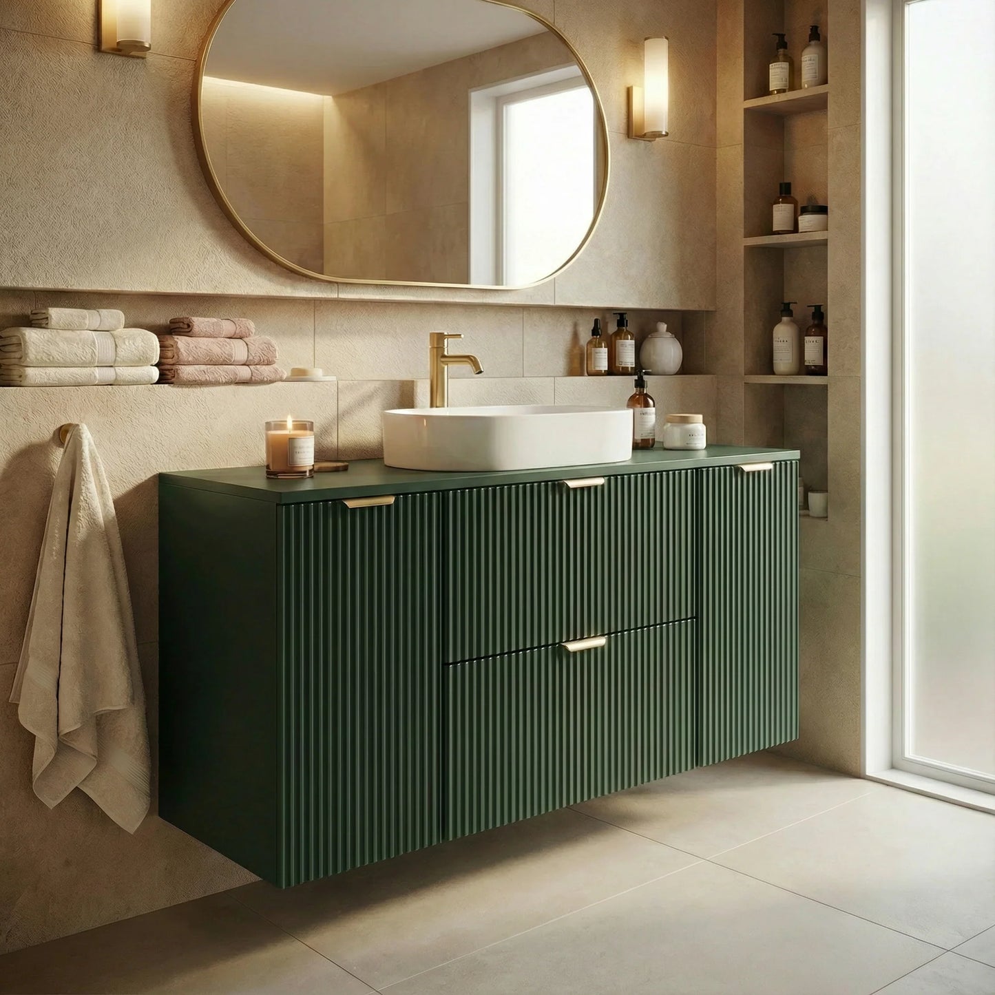 Dulap pentru lavoar 120 cm cu 2 usi, cu 2 sertare, fronturi canelate Willy - Verde