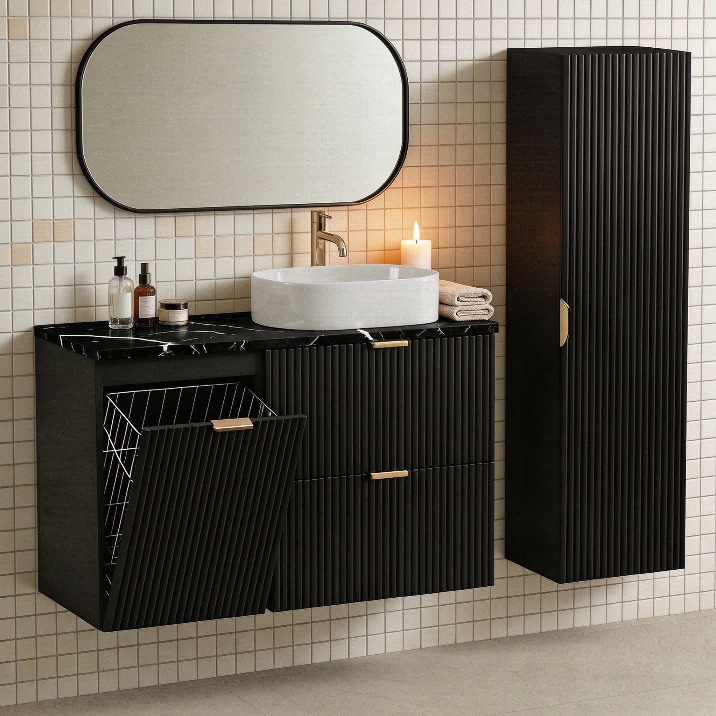 Set de mobilier: Dulap pentru lavoar cu cos de rufe 100 cm și Dulap înalt pentru baie 120 cm Willy - Negru/Marmura Negru top