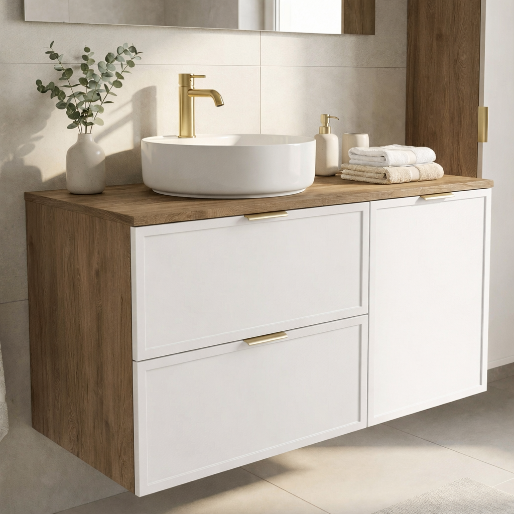 Dulap pentru lavoar 100 cm, cu cos de rufe, fronturi cu rama decorativa Roma - Alb/Nuc inchis