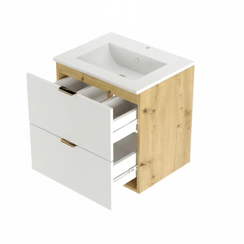 Dulap pentru lavoar 60 cm cu chiuveta, 2 sertare, fronturi netede Orio - Alb/Stejar artizanal