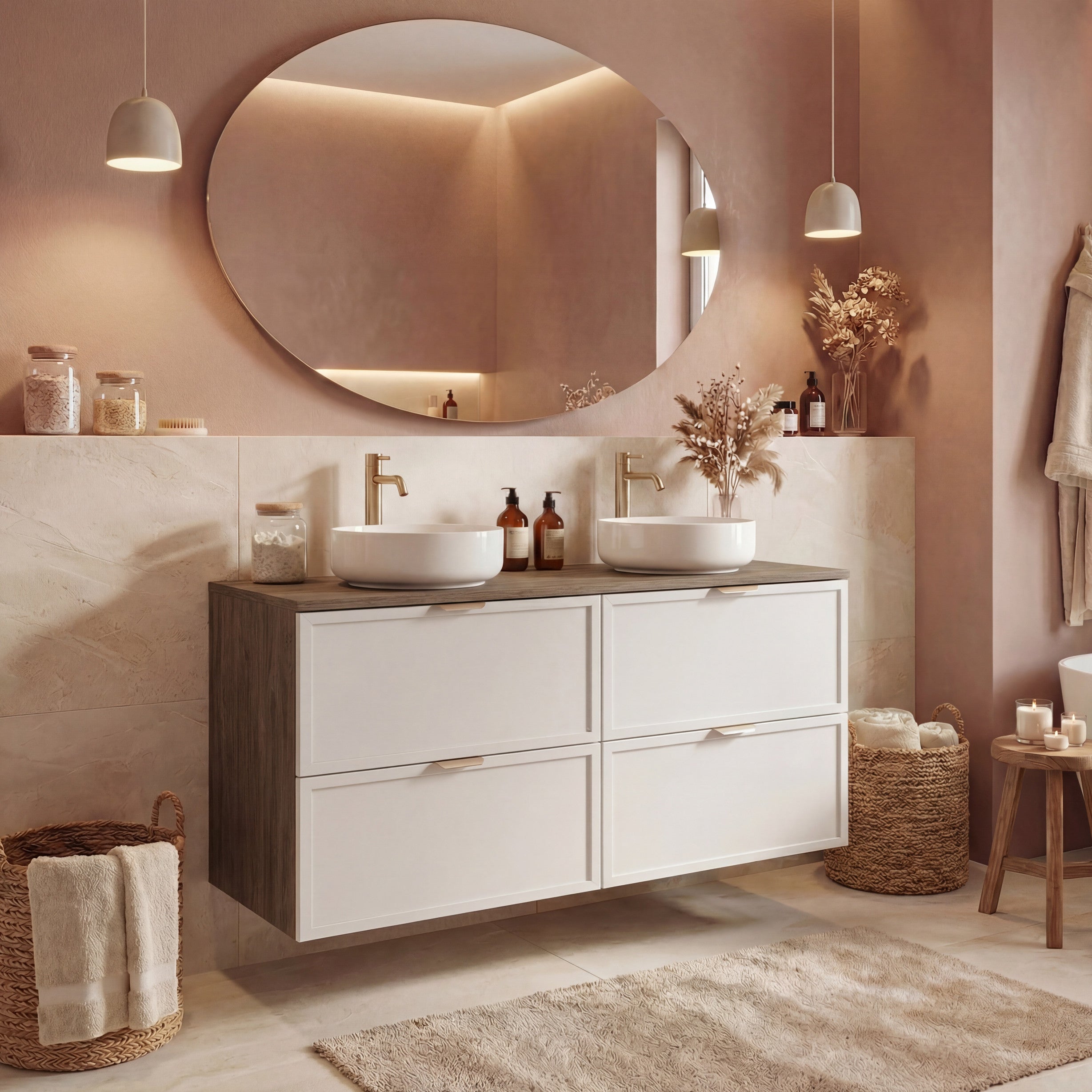 Dulap pentru lavoar 120 cm fronturi cu rama decorativa, 4 sertare Roma - Alb/Nuc inchis